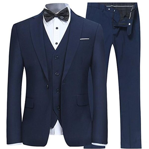 Yüksek kalite bir düğme Lacivert Damat Smokin Notch Yaka erkek takım elbise 3 parça düğün/balo/akşam Blazer (ceket + pantolon + yelek + kravat) W594