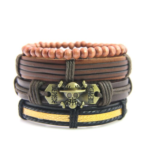 

beaded, strands skull bracelet vintage rope handmade bead woven leather men bracelets women bangles female rock homme jewelry accessories, Black