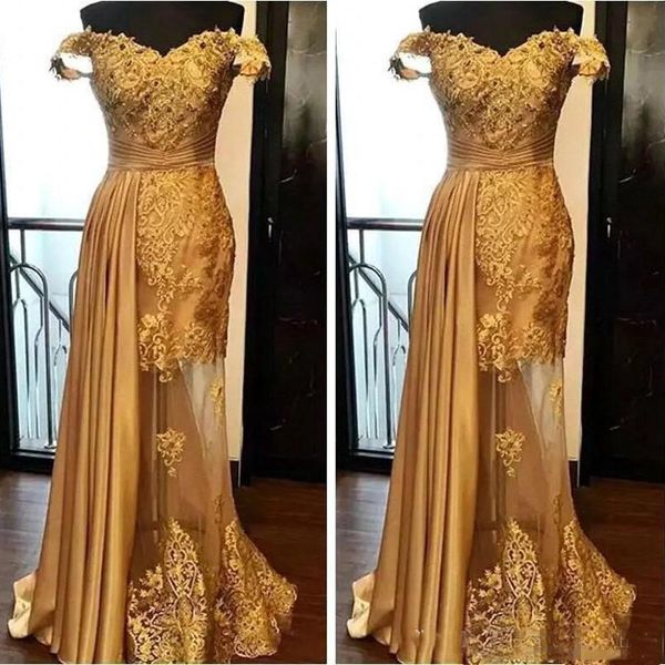 Elegant Evening Ouro Vestidos Mermaid 2019 Lace frisada Prom Dress Ruched até o chão Illusion saia formal do partido vestidos Plus Size