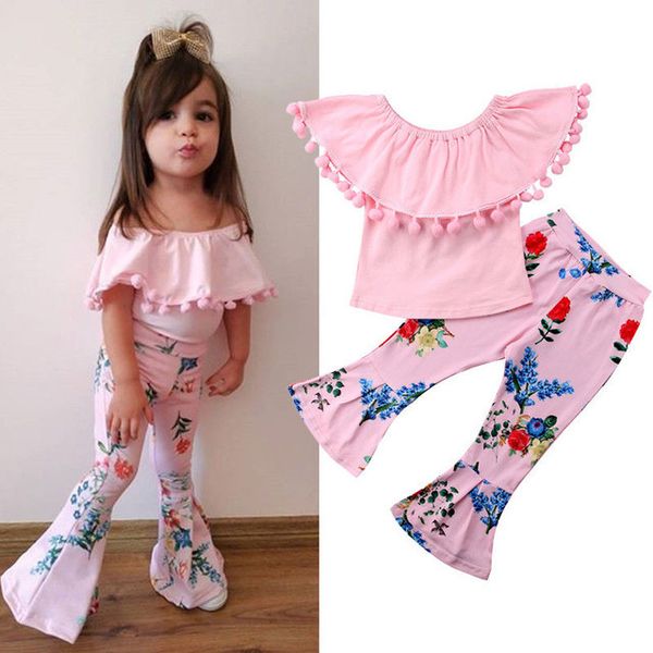 

2019 new summer baby girl clothes pink baby suit +flared trousers girls outfits toddler girl clothes infant sets kids clothing by0993, White
