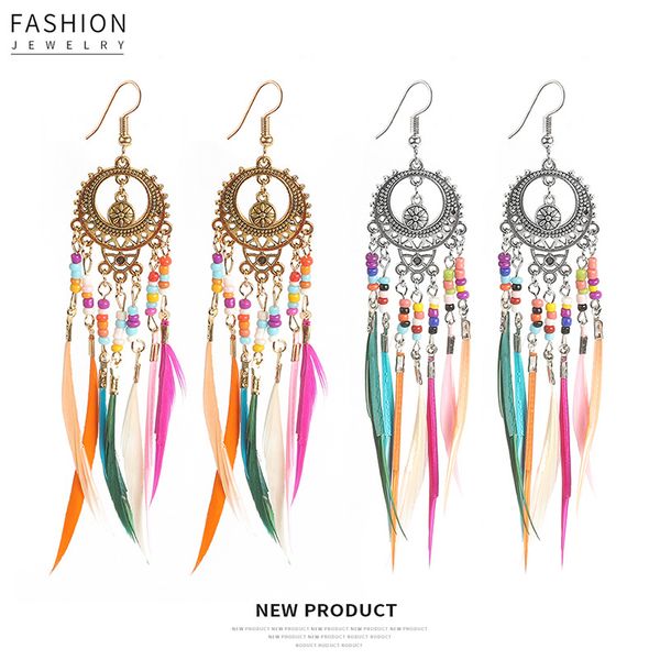 

europe and america new style cool colorful bead feather retro tassel earring bohemian ethnic-style beach earrings, Silver