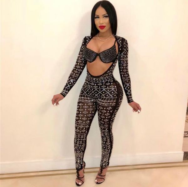 

womens jumpsuits skinny long sleeve black lace rompers party club female clothing backless rhinestone reversible, Black;white