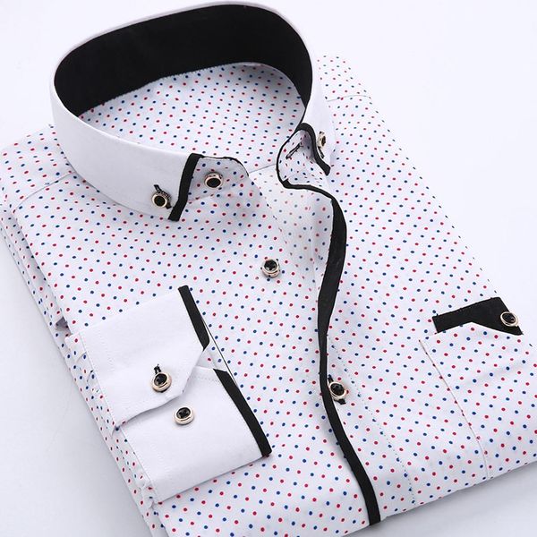 

business men dot plaid print turndown collar long sleeve button shirt blouse top, White;black