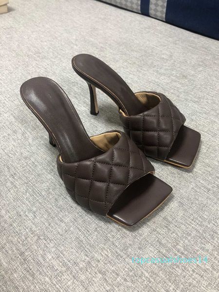 

luxury designer women slippers lady wedding high heels padded sandals in nappa dream square toe sandal real leather women flip flop t14, Black