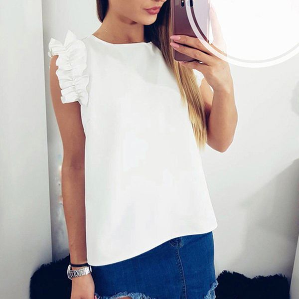 

womens and blouses women summer female blusa feminina o-neck ruffles solid khaki white casual office lady fashion 71