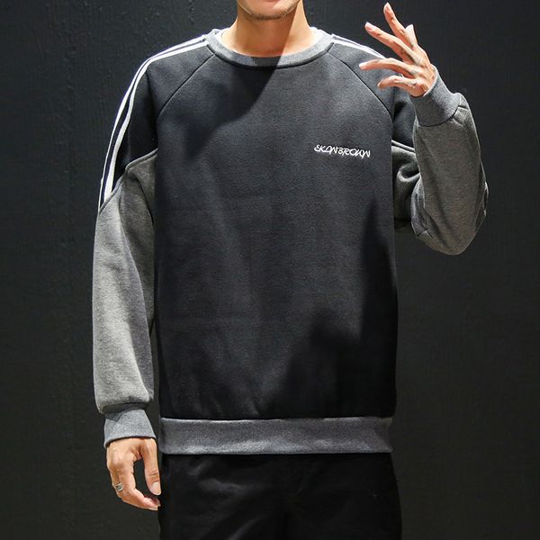 

2019 spring and autumn men's new casual contrast color long-sleeved round neck hoodies loose temperament trend cotton harajuku, Black