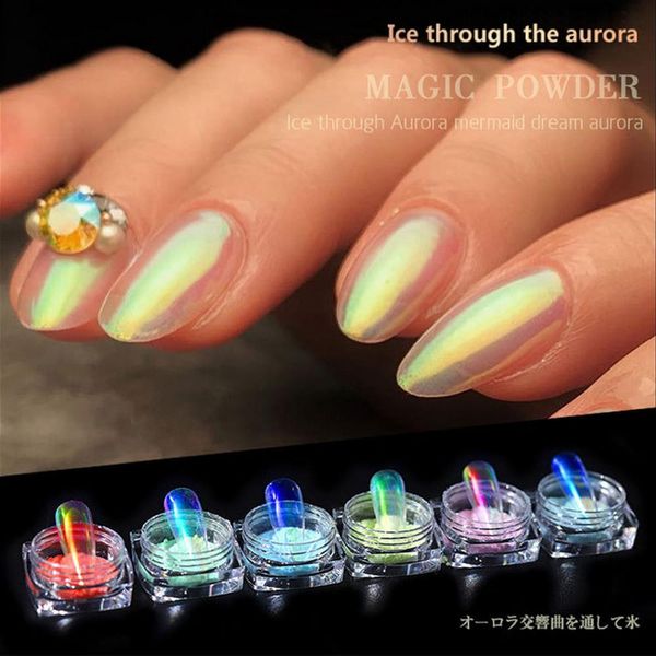 

6 color ice through nude pink aurora pink web celebrity nail illusion mermaid mirror flour magic mirror powder nail shine powder, Silver;gold