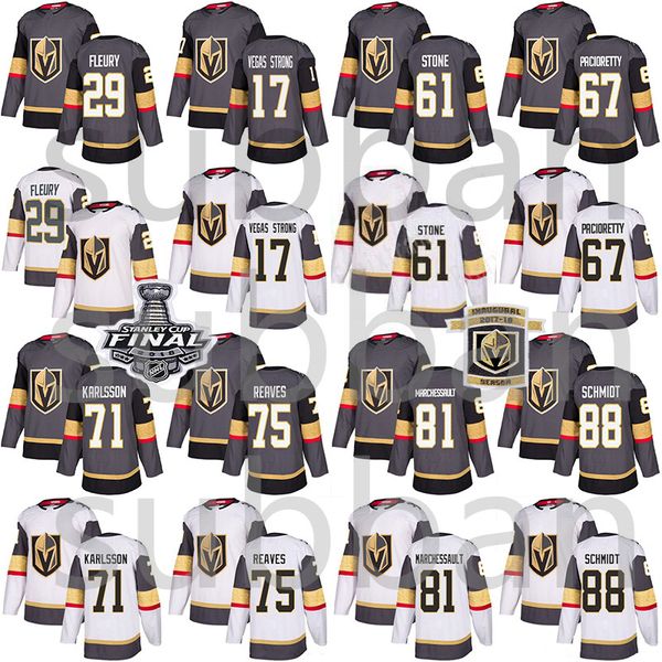 

vegas golden knights jersey 29 marc-andre fleury 61 mark ston 75 ryan reaves 71 william karlsson 88 nate schmidt hockey jerseys, Black;red
