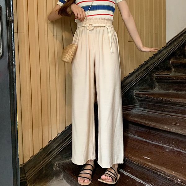 

fashion wide leg pants women solid color high waist pants loose casual straight ankle-length sashes decor, Black;white