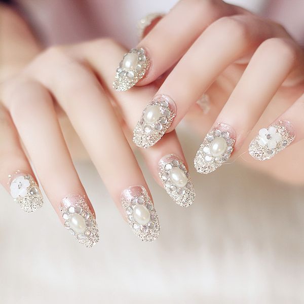 

full flash pearl made-up articles 24 pcs long nails fake piece false acrylic nail tips extension finger tools manicure nail art, Red;gold