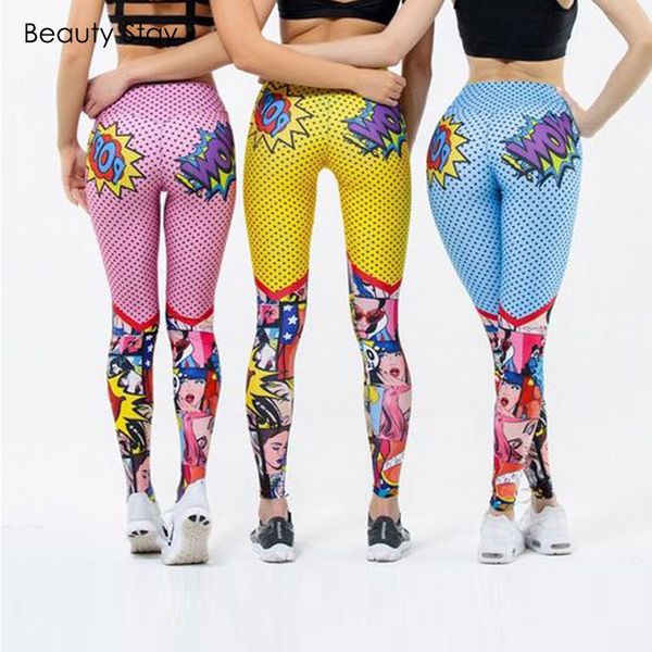 

beauty stay women leggings dot print cartoon pattern exercise fitness high waist ankle-length skinny push up casual pants, Black