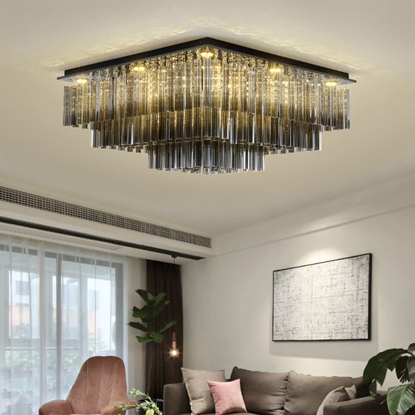 New Arrival Modern Rectangle Smoky Crystal Chandelier Ceiling Lights Black Stainless Steel Chandeliers Lighting For Living Room Bedroom Oil Rubbed