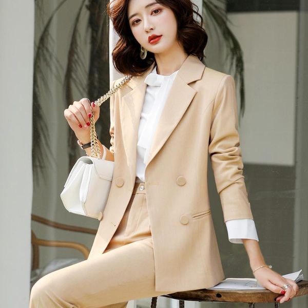 

2020 spring blazer set khaki elegant fashion full sleeve jacket long trousers 2 piece women suits office sets trouser suit, White;black