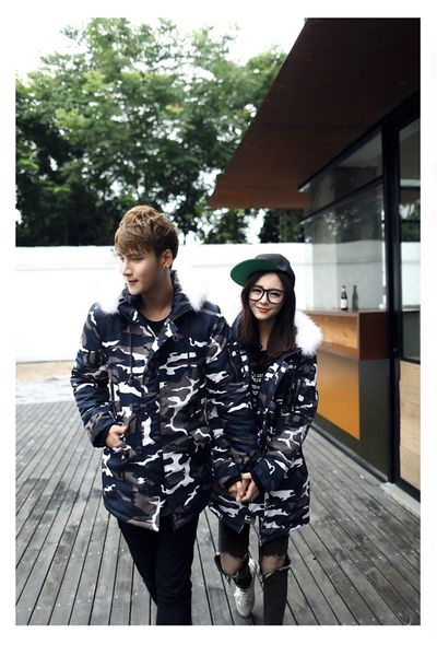 

blue camouflage man cotton padded jacket zipper fly with pocket woman winter couples matching clothes, Black