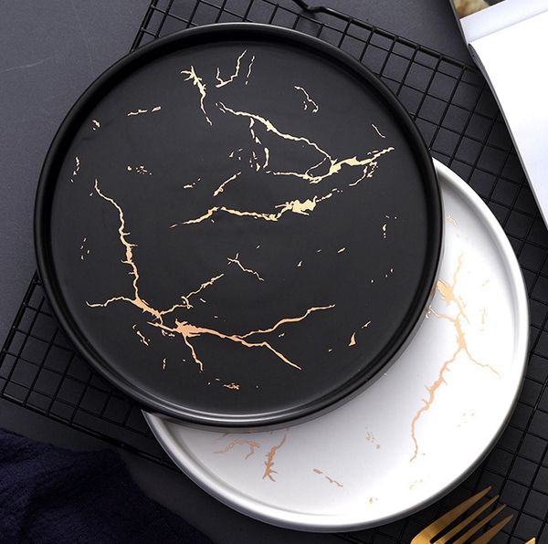 

20cm tableware gold marble ceramic dish porcelain cutlery set kitchen table european decorative dessert steak plate