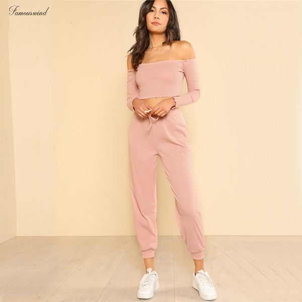 

женщины piece set pink топ и брюки вскользь женщина оттенить плеча crop бардо top и drawstring штаны set, White