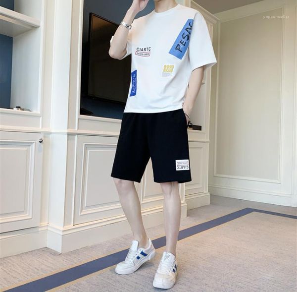 

style loose casual suits males crew neck knee length sets teenagers 2pcs letter print tracksuits mens summer sport designer street, Gray