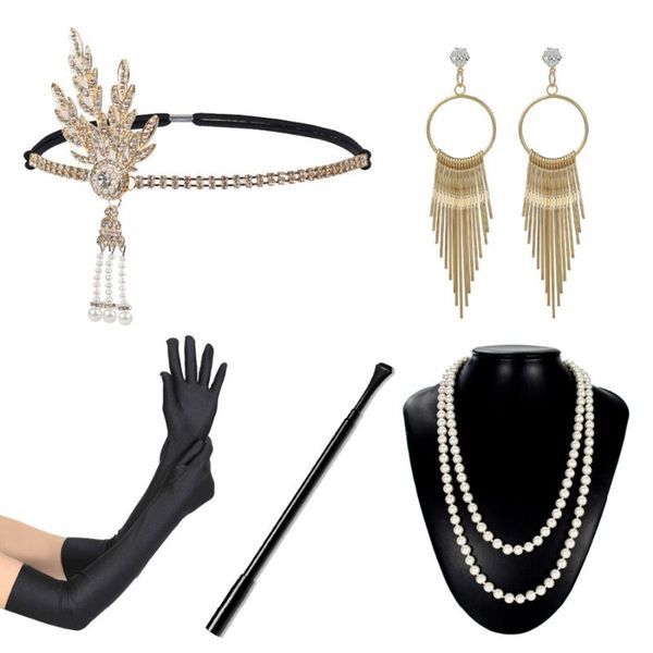 

5pcs 1920s great gatsby theme party costume accessory set vintage flapper dress accessory women glove hair jewelry, Golden;white