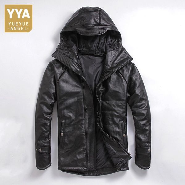 

new hooded genuine leather jacket winter thick warm coat motorcycle plus size 5xl man cowhide real leather jackets hat clothes, Black