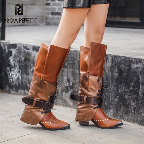 

prova perfetto fashion women knee high boots pointed toe riding boots high heel shoes woman straps lace up winter warm boot, Black