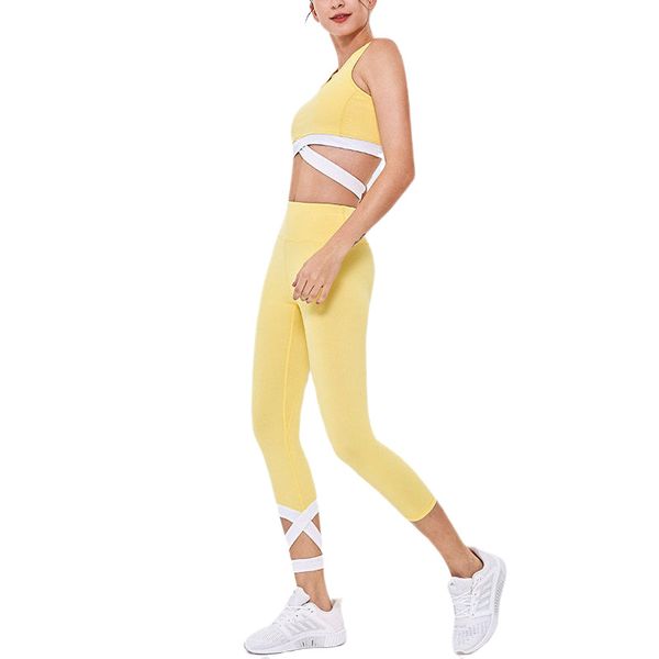 

yoga outfits seamless women set gathering shockproof cross hollow sport bra fitness jogging capris stitching gym leggings two pieces, White;red