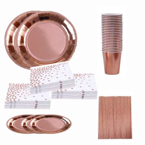 

50pcs disposable rose gold tableware set party cup plates napkin straw foli wedding dinnerware decor birthday party supplies