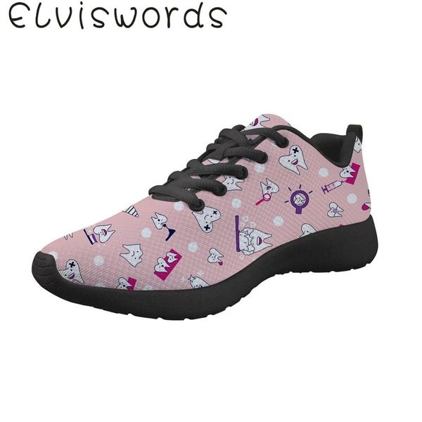 

elviswords cute dentist teeth print pattern running shoes portable comfortable lightweight lace up sport shoes flat ladies shoe, Black