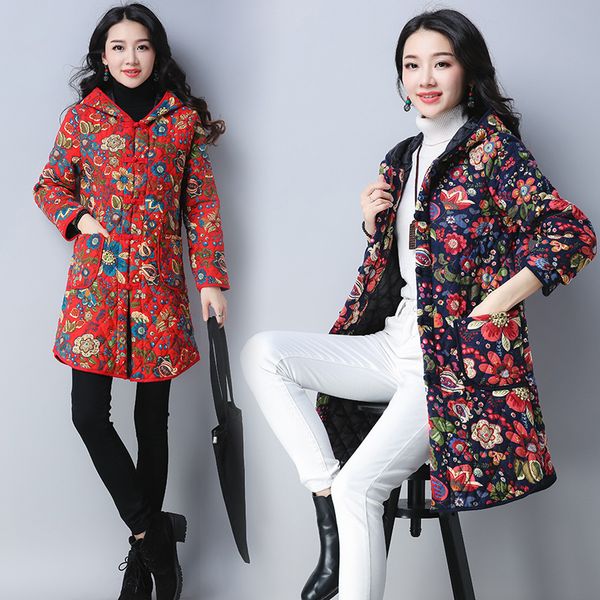 

p shoot 2018 autumn and winter new style ethnic-style large size retro printed hooded mid-length cotton overcoat women's, Blue;black