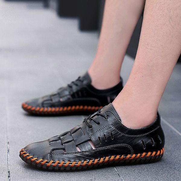 

summer beach casual sandals men fashion leather casual men shoes handmade soft male sandals stitching flats male, Black