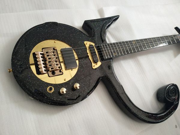 

rare diamond series prince love symbol big sparkle metallic black electric guitar floyd rose tremolo tailpiece, emg pickup, gold hardware