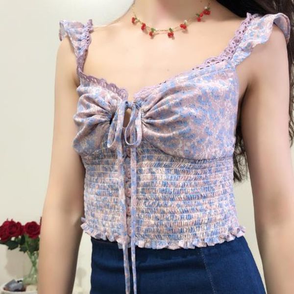 

women's tanks & camis purple floral bow women hollowed out bandage slim waist chiffon short sling summer 2021 girls ladies vest, White