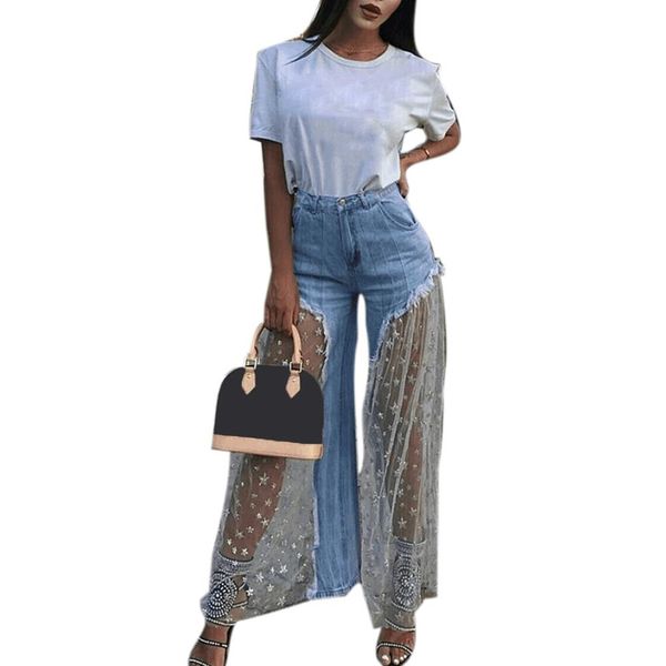 

2020 women fringe jeans see-through star print mesh patchwork wide leg pants, Blue