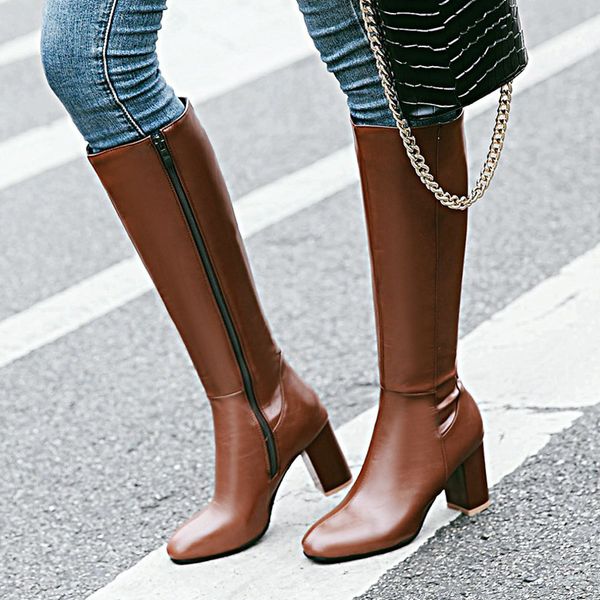 

aiweiyi women boots black brown square high heels knee high boots side zipper autumn winter ladies motorcycle snow