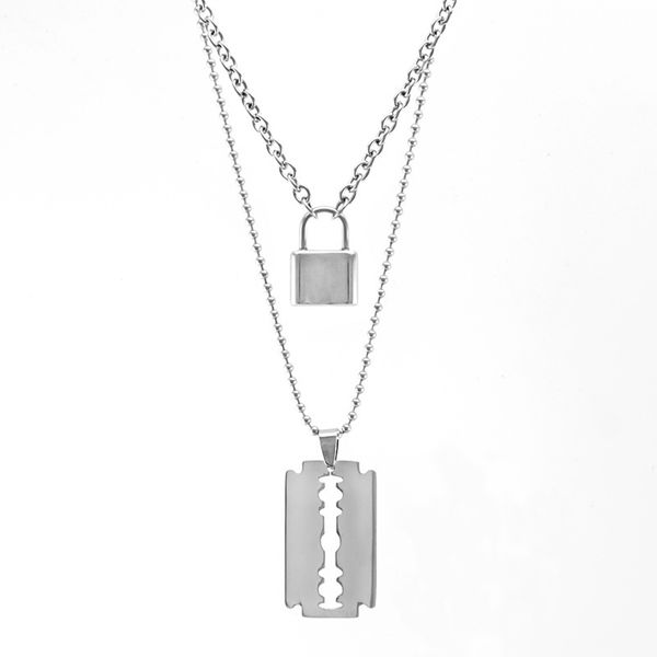 

stainless steel double layer padlock necklace lock blade cross star guitar map pendant chain necklaces fashion women jewelry, Silver