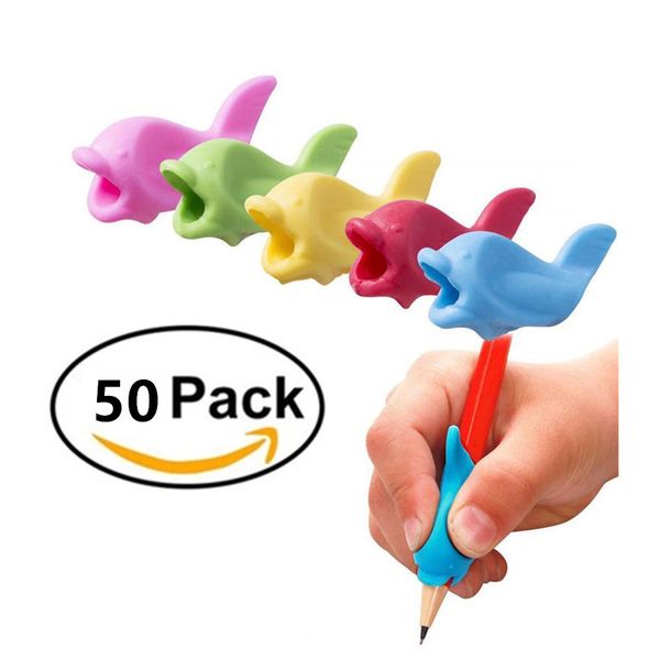 

50 pcs silicone pencil grips ergonomic writing claw aid, right handed pen training grip holder for kids, students and adults, Black;red