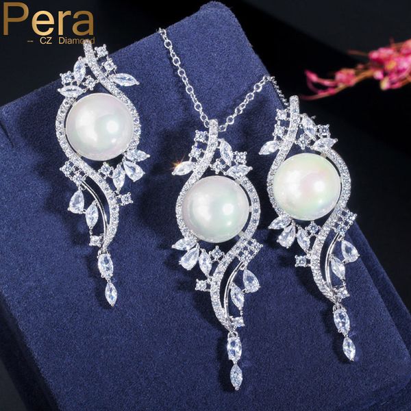 

earrings & necklace pera gorgeous big round simulated pearl long and necklaces with white cubic zircon for elegant women jewelry sets j300, Silver