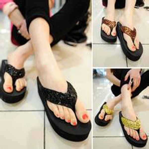

summer selling flip-flop sequin platform heel flip-flops women's thick bottomed sandals slanted heel sandals slipper, Black