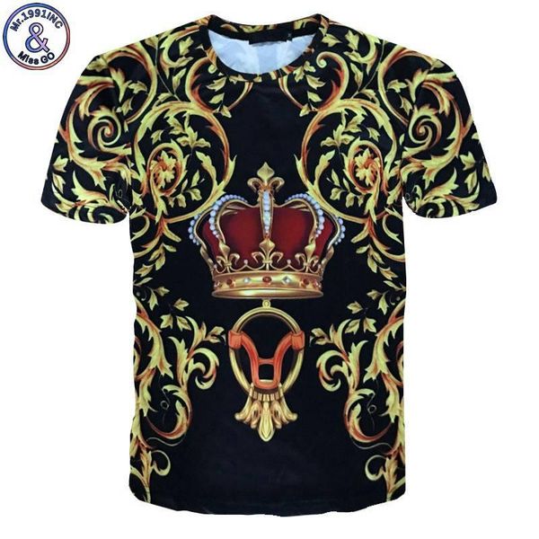 

summer style mens 3d floral luxury print t-shirt new golden crown t-shirt fashion brand clothing man casual slim fit, White;black