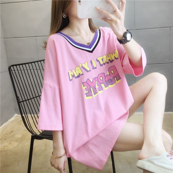 

duan xiu v-neck t-shirt skirt women's mid-length summ t-shirt er clothes 2020 loose large size fat mm clothes, White