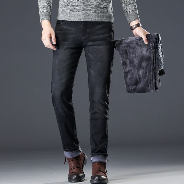 

men's jeans 2021 fashion winter men black color vintage elastic straight fit fleece for cotton thick warm pants, Blue