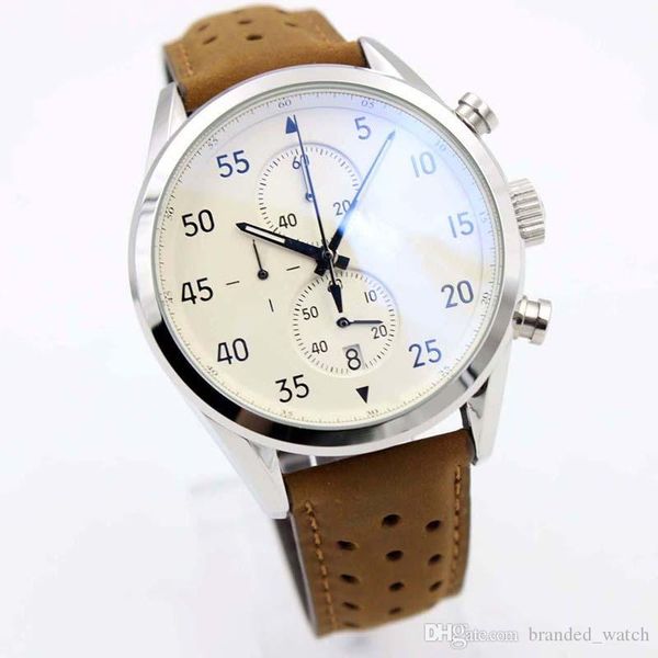 

classic style new arrivalcalibre spacex chrono flyback satch white dial brown leather belt mens watches sports gent watch vk chronograph, Slivery;brown