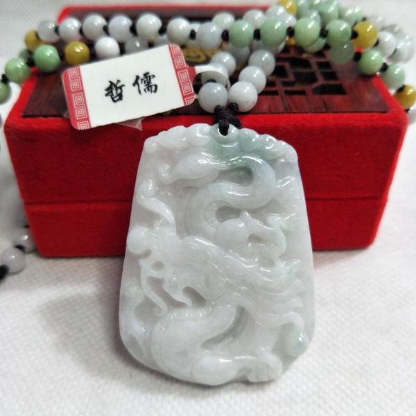 

zheru jewelry pure natural jadeite light green bicolor dragon pendant tricolor jadeite bead necklace a classnational certificate, Silver