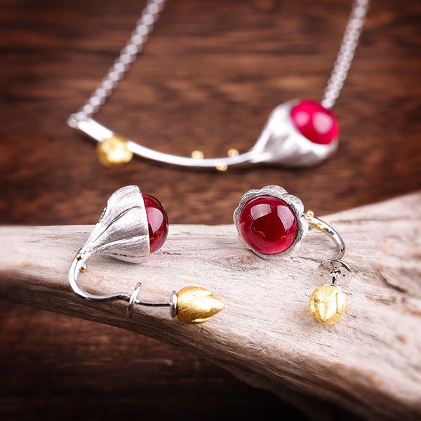 

925 sterling silver gemstone corundum jewelry set with necklace stud earrings handmade craft lotus flower bud fine jewelry women, Black