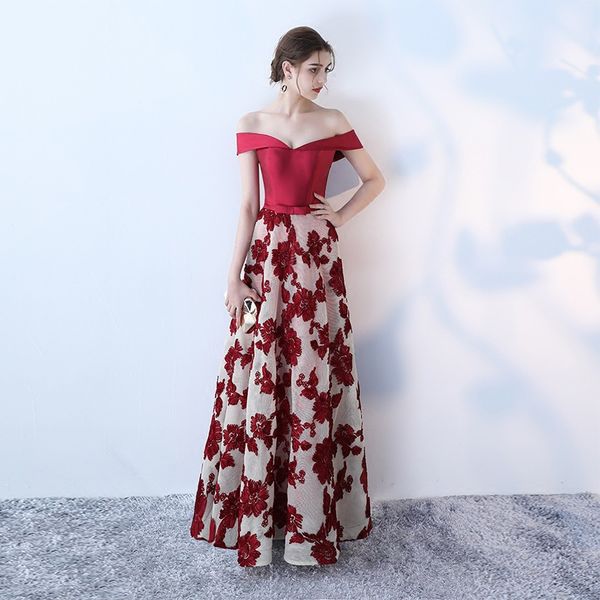 

printed off shoulder evening dresses long formal dress 2019 red floor length prom gowns vestido de noche prom cocktail party dresses, Black