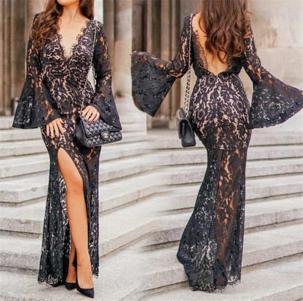 

fashion women designer dresses lace v neck backless batwing sleeve split full dresses womens clothing, Black;gray