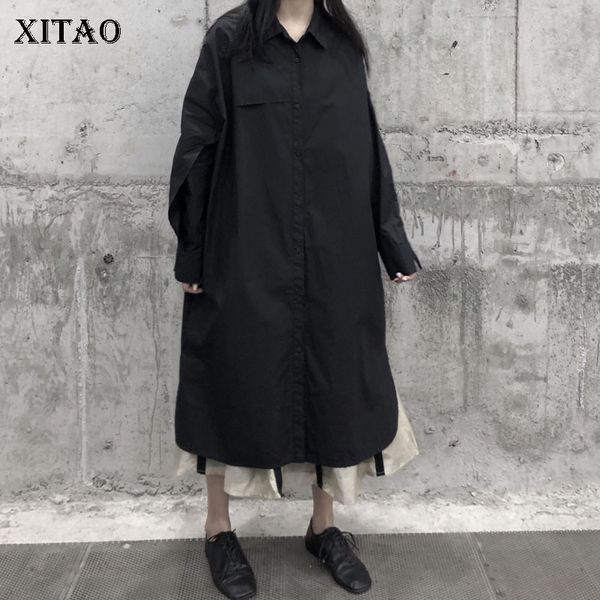 

xitao pleated black split trench women fashion new 2020 spring full sleeve plus size goddess fan elegant loose coat dmy3438, Tan;black