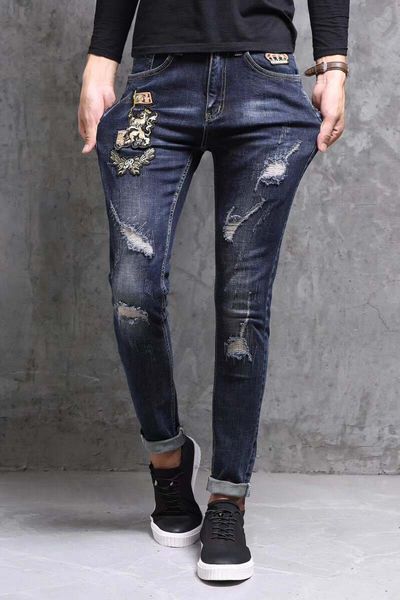 

колено отверстие джинсы мужской стрейч плотно тощий темно синий мужской прилив джинсовые брюки мужской отверстие отверстие нищий тонкие ноги, Blue