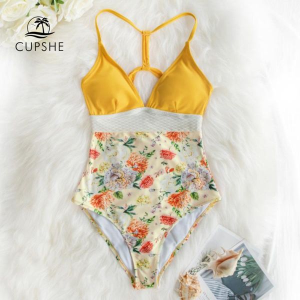 

cupshe желтый гранатовый цветок печати цельный купальник сексуальные женщины монокини пляжная одежда 2019 девушка пляж купальный костюм купа, White;black