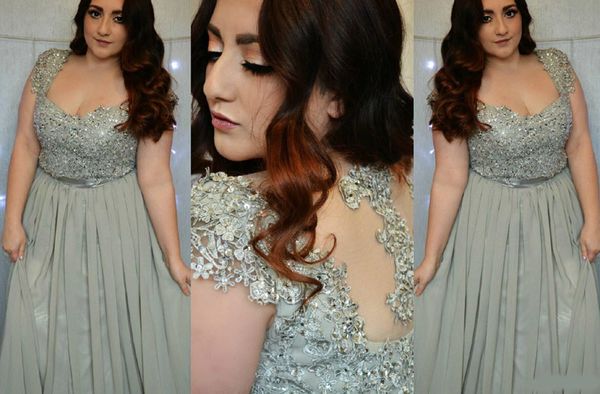 

2020 grey illusion back plus size special occasion dresses cap sleeves lace appliques beaded cap sleeves long chiffon prom evening gowns, Black