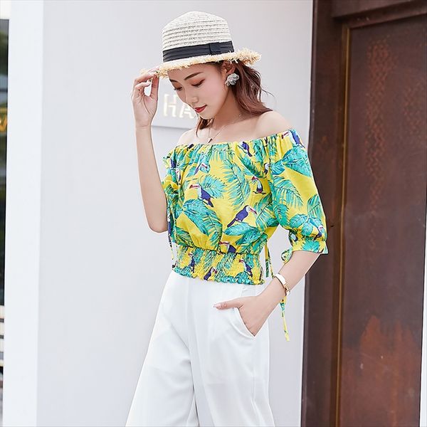 

2020 women's printing one-line collar shirt butterfly bandage waist slim short-sleeved shirt women, White